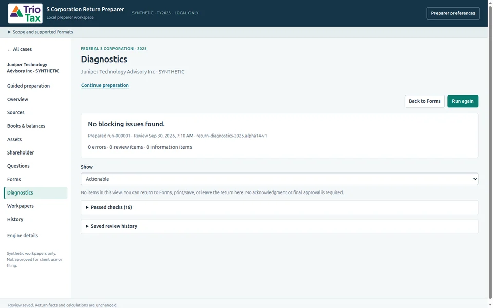 Diagnostics for a saved synthetic return showing its review status and checks.