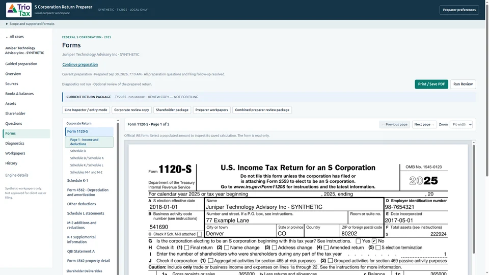 PrepReturns Forms Mode showing the synthetic Juniper Form 1120-S and saved return package.