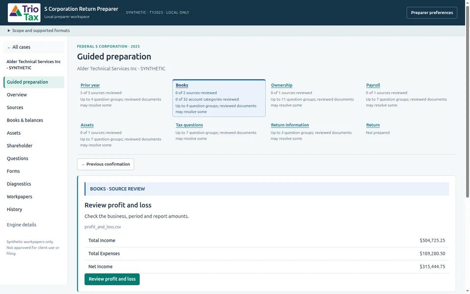 Guided Preparation showing source-review tasks for the synthetic Alder case.
