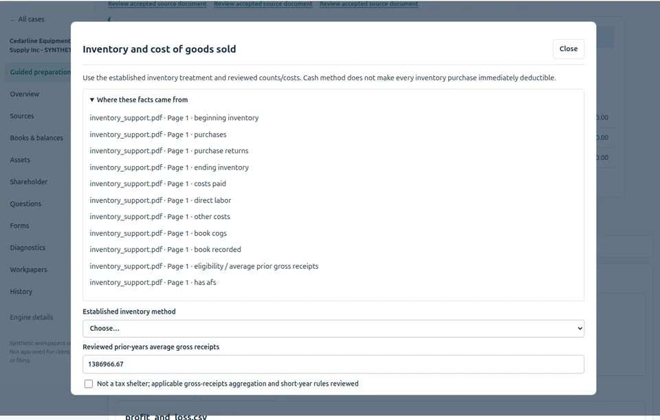 Historical Alpha 14 Cedarline inventory preparation showing source references, inventory-method selection and eligibility review.