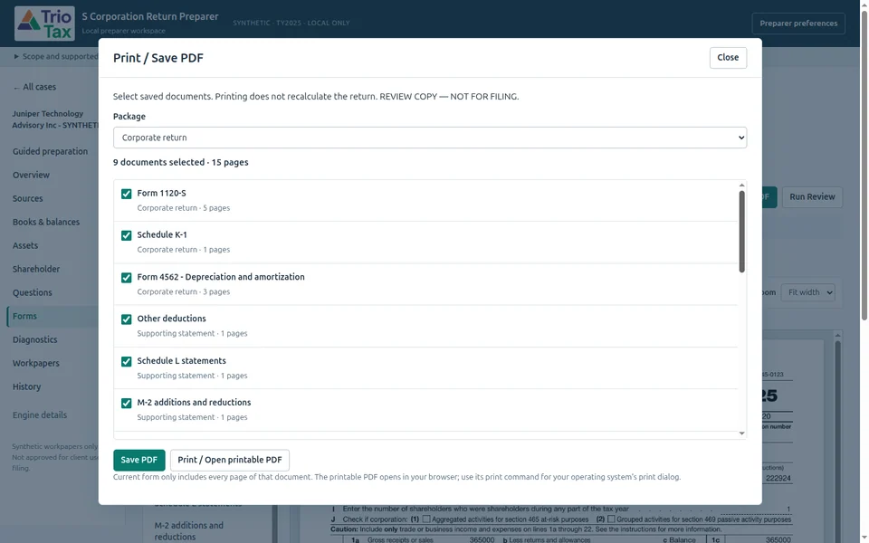 Print and Save PDF selection dialog showing corporate, shareholder and preparer package choices.