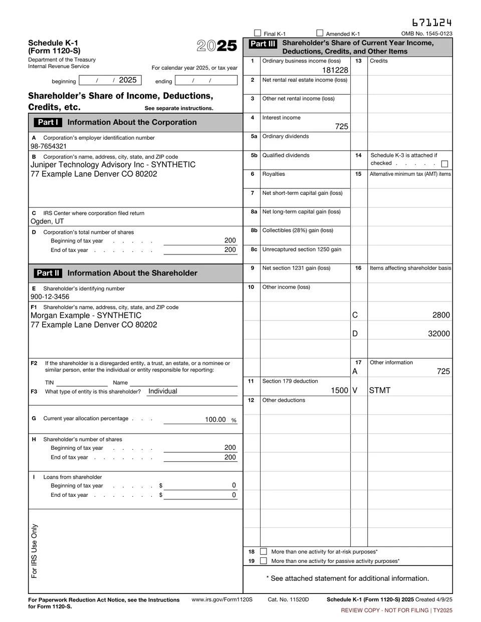 Actual synthetic Schedule K-1 showing the shareholder’s allocated S-corporation tax information.