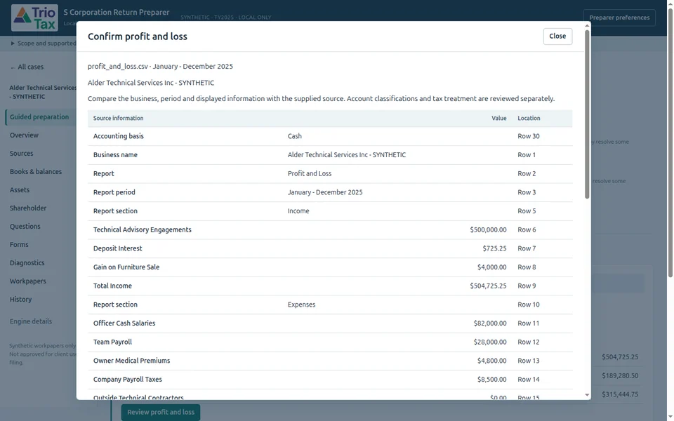 Source review showing the synthetic Alder financial statement and proposed values.