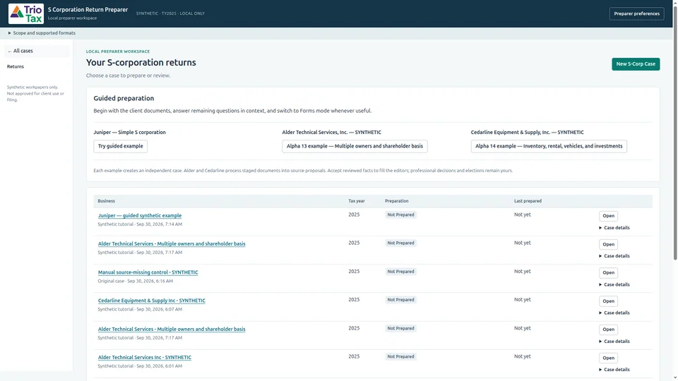 PrepReturns Start workspace with synthetic Juniper, Alder and Cedarline examples.