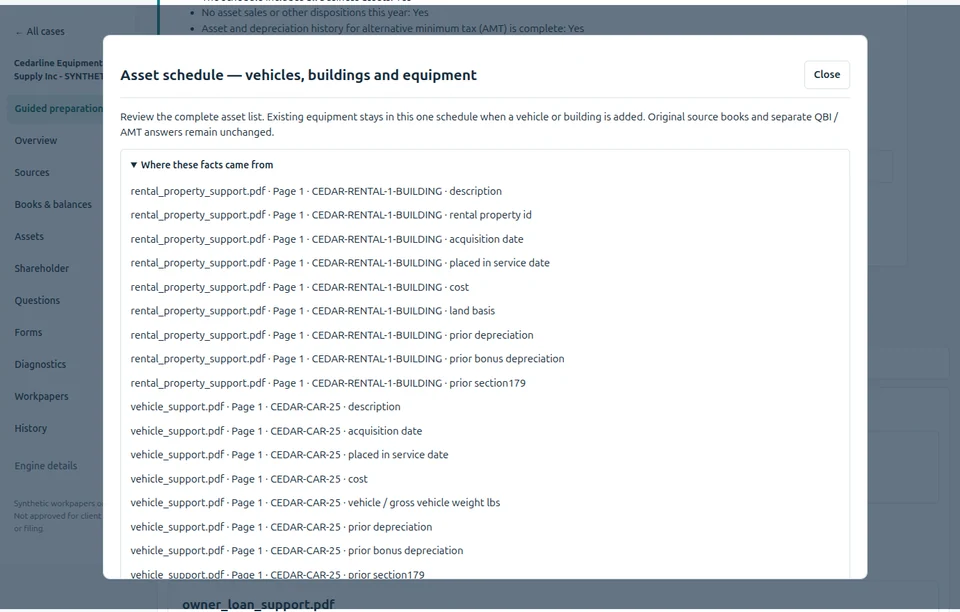 Historical Alpha 14 Cedarline asset editor listing source references for rental property and vehicle purchase and recovery facts.